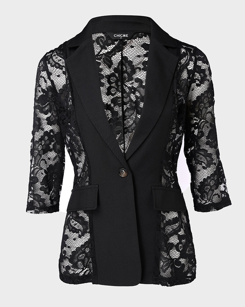 Lapel Neck Three Quarters Sleeve Single Breasted Coat Casual Flap Detail Lace Spliced Sheer Blazer