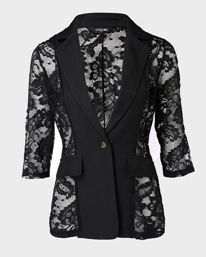 Lapel Neck Three Quarters Sleeve Single Breasted Coat Casual Flap Detail Lace Spliced Sheer Blazer