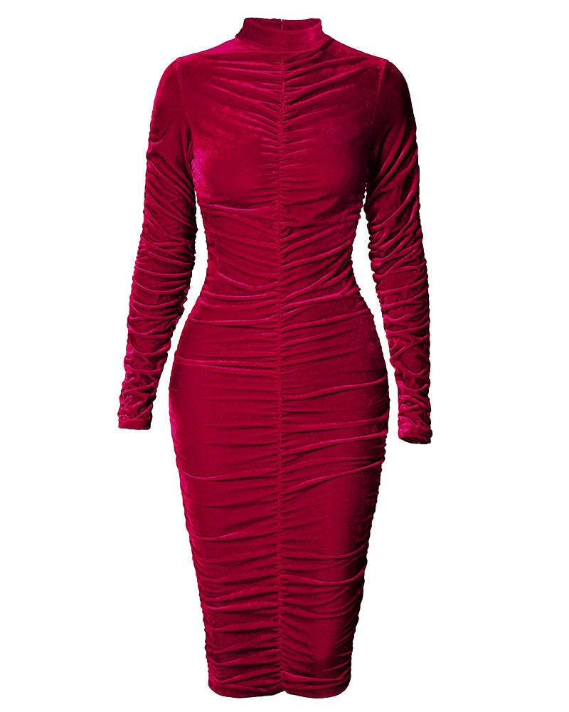 Velvet Mock Neck Ruched Bodycon Dress