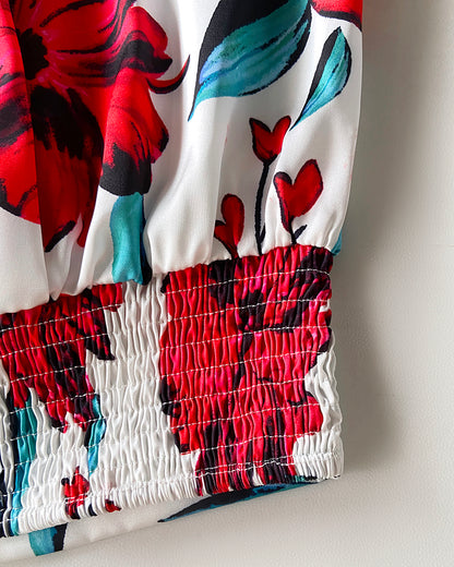 2 Pieces Outfit Floral Print Bell Sleeve Hollow-out Back Shirred Back Hem Top and Casual A-line Skirt Set with Belt