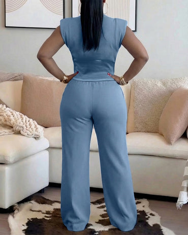 2 Pieces Outfit O-neck Sleeveless Padded Shoulders Cinched Waist Crop Top and Elastic Waist Seam Front Wide Leg Pants Set