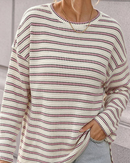 Women's Striped Textured Knit Long Sleeve T-Shirt Casual Side Slit Loose Fit Top