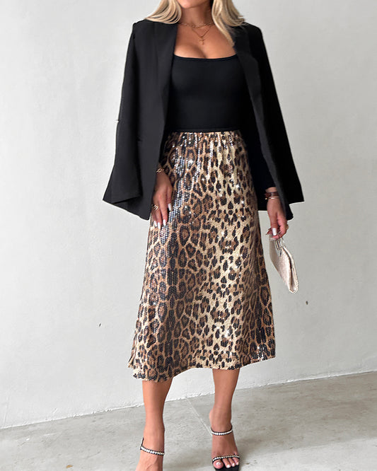 Leopard Pattern Allover Sequin Skirt