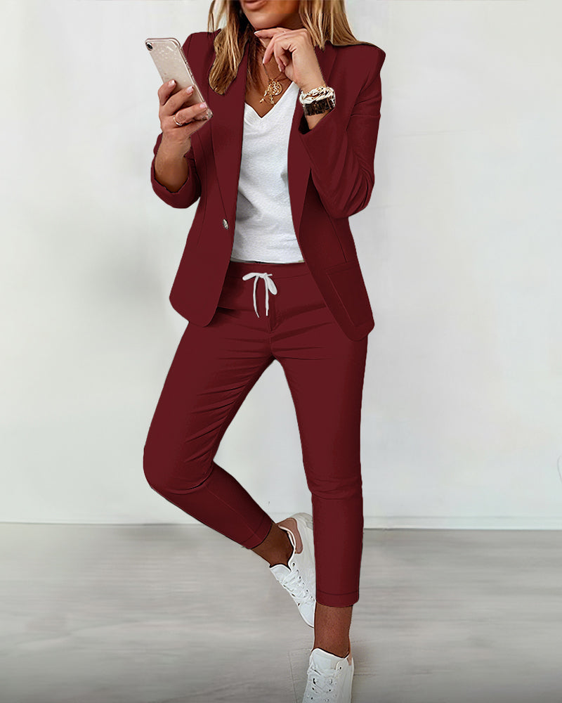 2 Pieces Outfit Shawl Collar Single Breasted Pockets Design Blazer Coat And Drawstring Elastic Waist Slim Fit Pants Set