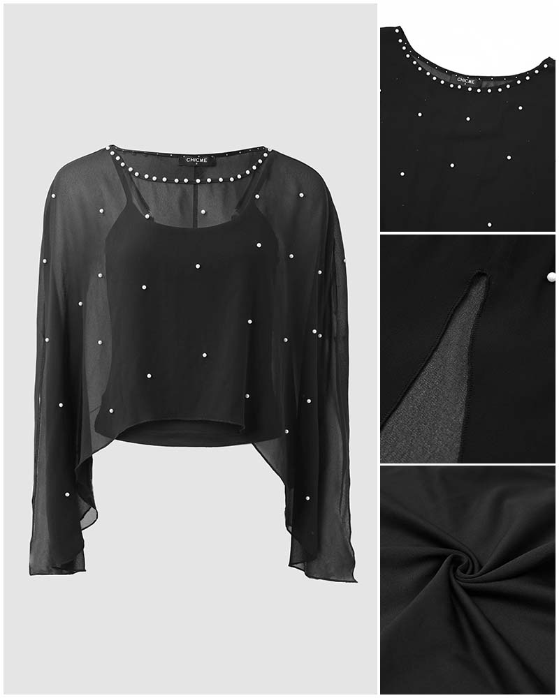 Women's 2 Piece Set Split Sleeve Pearl Sheer Chiffon Cape Top with Cami Top