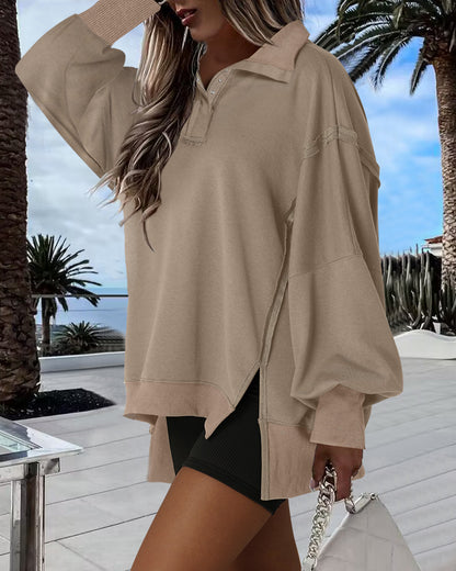 Polo Collar Long Sleeve Sweatshirt Loose Fit Side Slit Dip Hem Casual Top