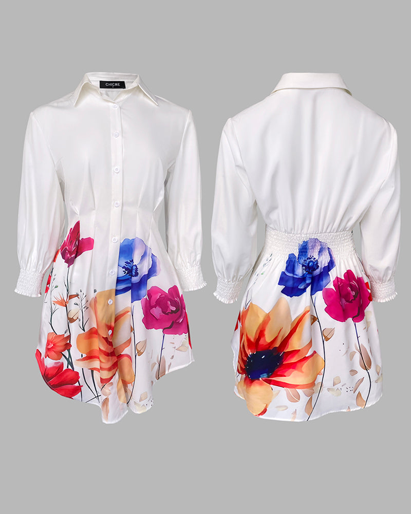 Floral Print Turn-down Collar Long Sleeve Casual Pressed Pleats Shirt Dress