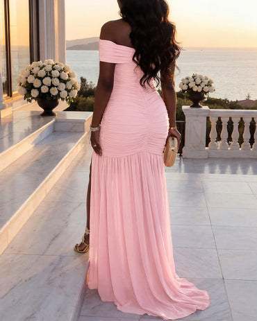 Women's Off-Shoulder Evening Gown Ruched Side Slit Hollow Out Maxi Dress Elegant Mermaid Bodycon Formal Party Dress