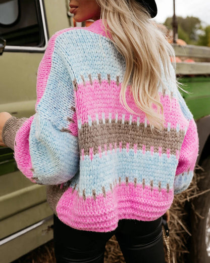 Women's Colorblock Knit Cardigan Chunky Knit Sweater Ribbed Trim Long Sleeve Casual Loose Knitwear