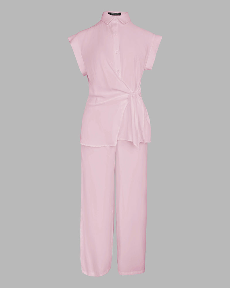 2 Pieces Outfit Turn-down Collar Cap Sleeve Button Front Tied Detail Top and Casual Zipper Fly Elastic Back Waist Wide-Leg Pants Set