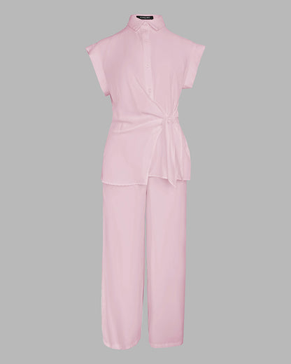 2 Pieces Outfit Turn-down Collar Cap Sleeve Button Front Tied Detail Top and Casual Zipper Fly Elastic Back Waist Wide-Leg Pants Set