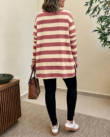 Women's Striped T Shirt Long Sleeve Drop Shoulder Crewneck Tee Side Slit Casual Loose Fit Top