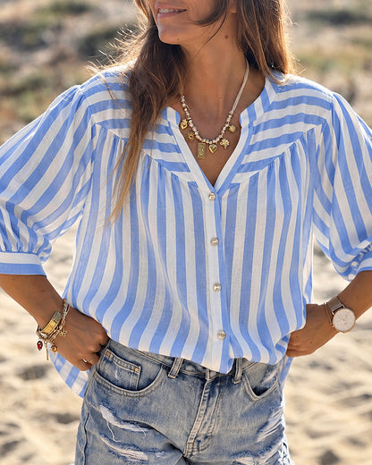 Women's Striped Notch Neck Loose Fit Three Quarters Sleeve Casual Button-Down Top