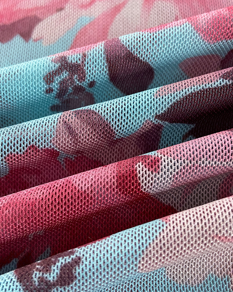 Watercolor Floral Print O-neck Long Sleeve Mesh Tee Slim Fit Semi Sheer Layering Top with Thumb Hole Cuffs