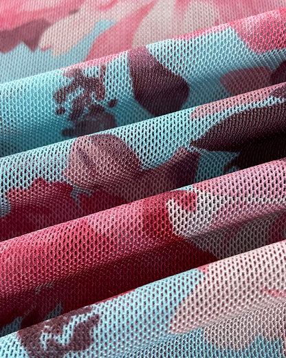 Watercolor Floral Print O-neck Long Sleeve Mesh Tee Slim Fit Semi Sheer Layering Top with Thumb Hole Cuffs