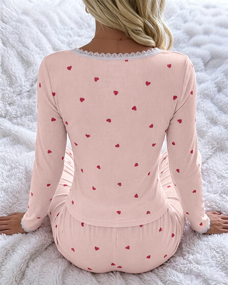 Women's 2 Piece Heart Print Lounge Set Lace Trim Rib-Knit Pajama Set Slim Fit Long Sleeve Top and Pants with Pockets