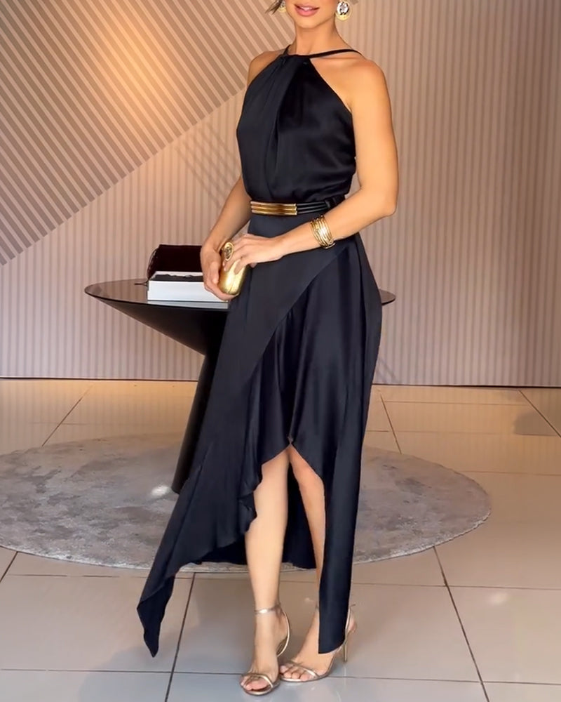 Women's Halter Neck Satin Dress Sleeveless Ruched Cocktail Dress Elegant Asymmetrical Hem Party Gown