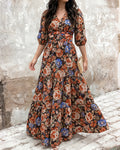 Vestido largo de gasa para mujer con flores vintage, escote en V, mangas abullonadas, cintura fruncida elástica y volantes