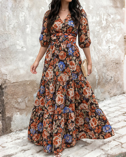 Vestido largo de gasa para mujer con flores vintage, escote en V, mangas abullonadas, cintura fruncida elástica y volantes