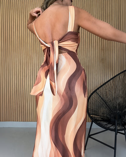 Women's Abstract Print Maxi Dress Elegant Square Neck Backless Tie Vacation Dress Side Slit Beach Sundress with Pockets