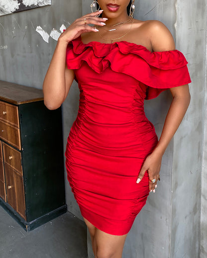 Off Shoulder Ruched Ruffles Bodycon Dress
