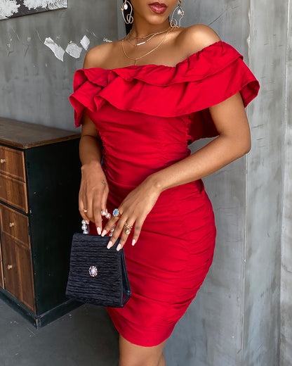 Off Shoulder Ruched Ruffles Bodycon Dress