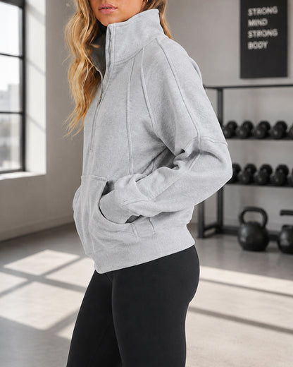 Women's Half Zip Sweatshirt Stand Collar Seam Pullover Casual Kangaroo Pocket Top with Thumbhole