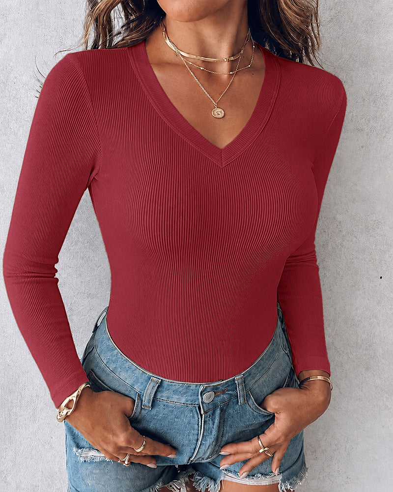 Women's V Neck Long Sleeve Ribbed Knit Top Slim Fit Base Layer Shirt Soft Stretchy Casual Tee with Built-in Bra