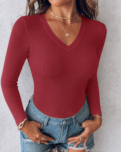 Women's V Neck Long Sleeve Ribbed Knit Top Slim Fit Base Layer Shirt Soft Stretchy Casual Tee with Built-in Bra