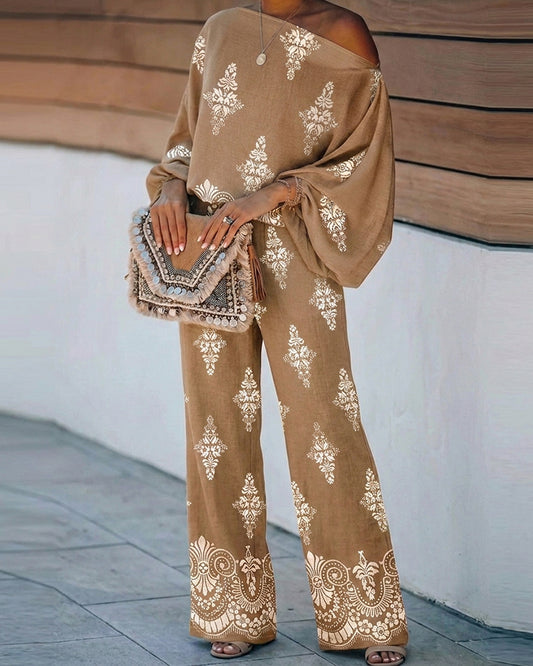 Women's 2 Piece Vintage Print Bohemian Outfit Skew Neck Lantern Sleeve Top and High Waisted Pants Set Casual Vacation Set