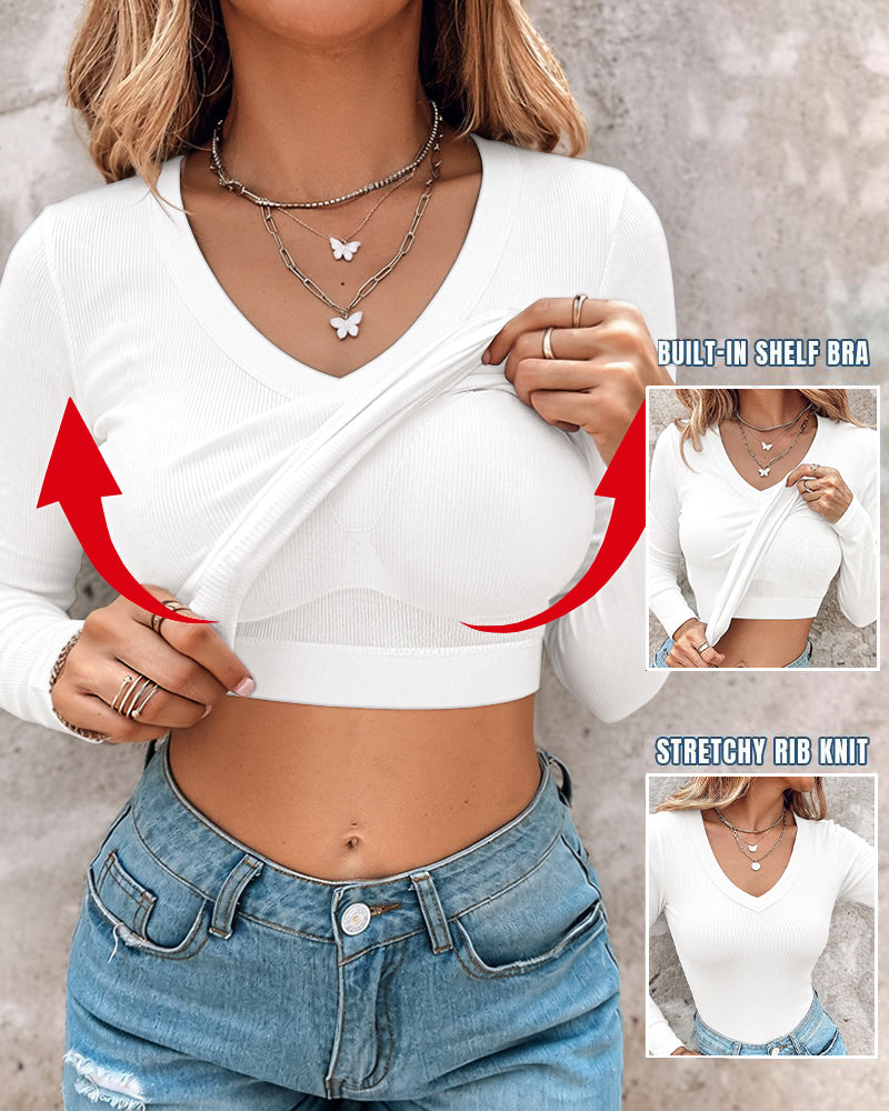 Women's V Neck Long Sleeve Ribbed Knit Top Slim Fit Base Layer Shirt Soft Stretchy Casual Tee with Built-in Bra