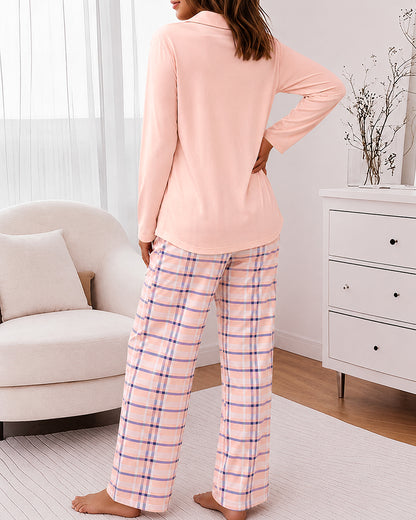 Women's 2 Piece Pajama Set Long Sleeve Button Down Top and Plaid Pants Casual Loungewear