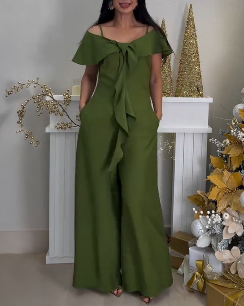 V-Neck Adjustable Spaghetti Straps Backless Overalls Casual Zipper Back Wide Leg Jumpsuit with Convertible Ruffles Tie Panel