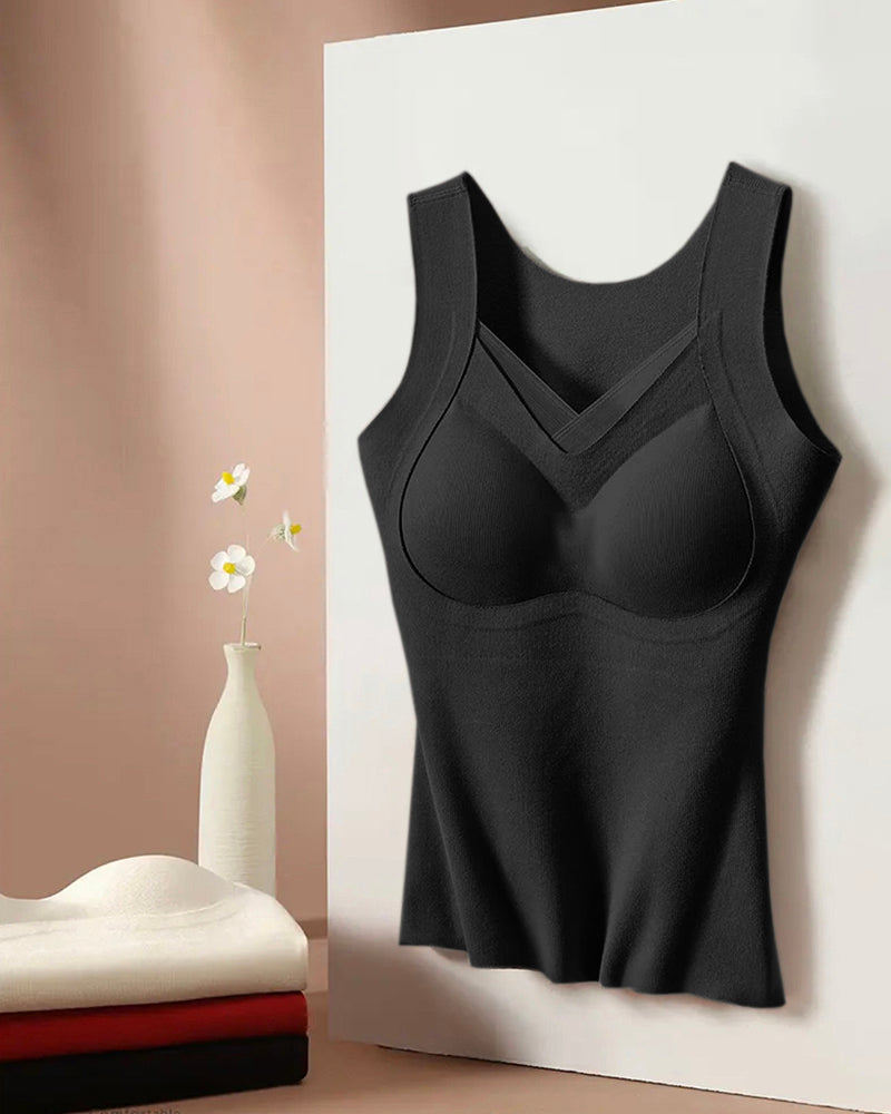 Sheer Mesh Spliced V Neck Sleeveless Built In Bra Tank Casual Warm Fleece Lined Slim Fit Top