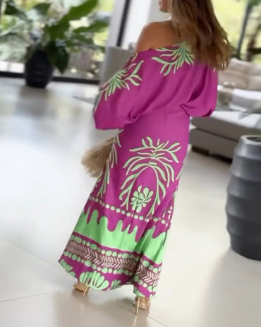 2 Pieces Outfit Tropical Print Lantern Sleeve Cold Shoulder Loose Top And Casual High Waist Fishtail Maxi Skirt Set