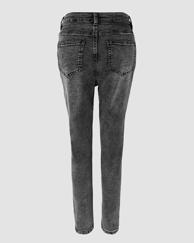 Rhinestone Decor High Waist Zipper Fly Skinny Jeans Washed Denim Pants without Belt