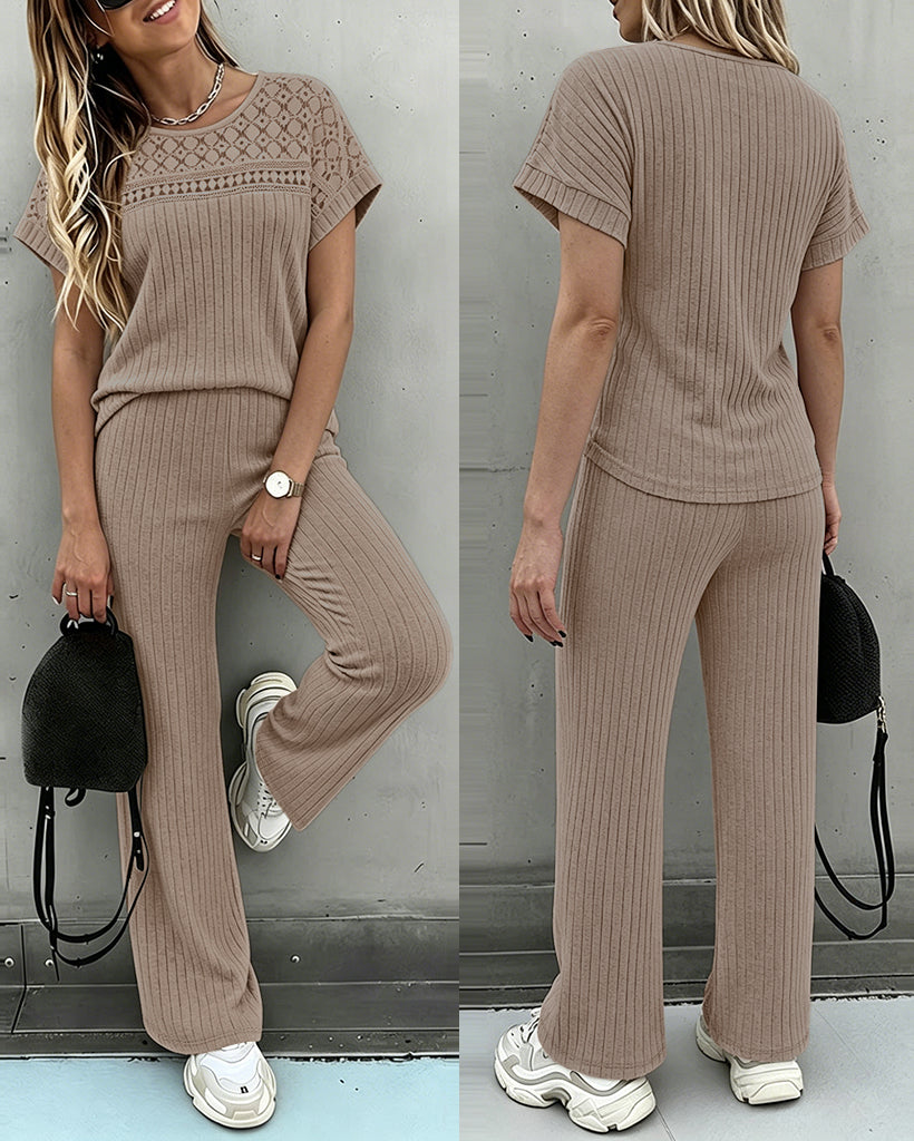 Women's 2 Piece Knit Set Lace Patchwork Short Sleeve Top and Wide Leg Pants Casual Ribbed Brushed Lounge Set