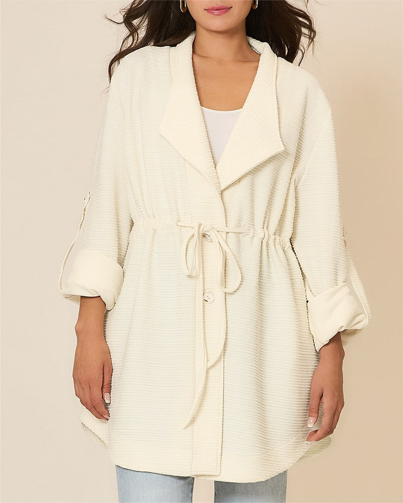 Women's Textured Drawstring Waist Lapel Coat Mid-length Roll Up Sleeve Button Front Trench Jacket