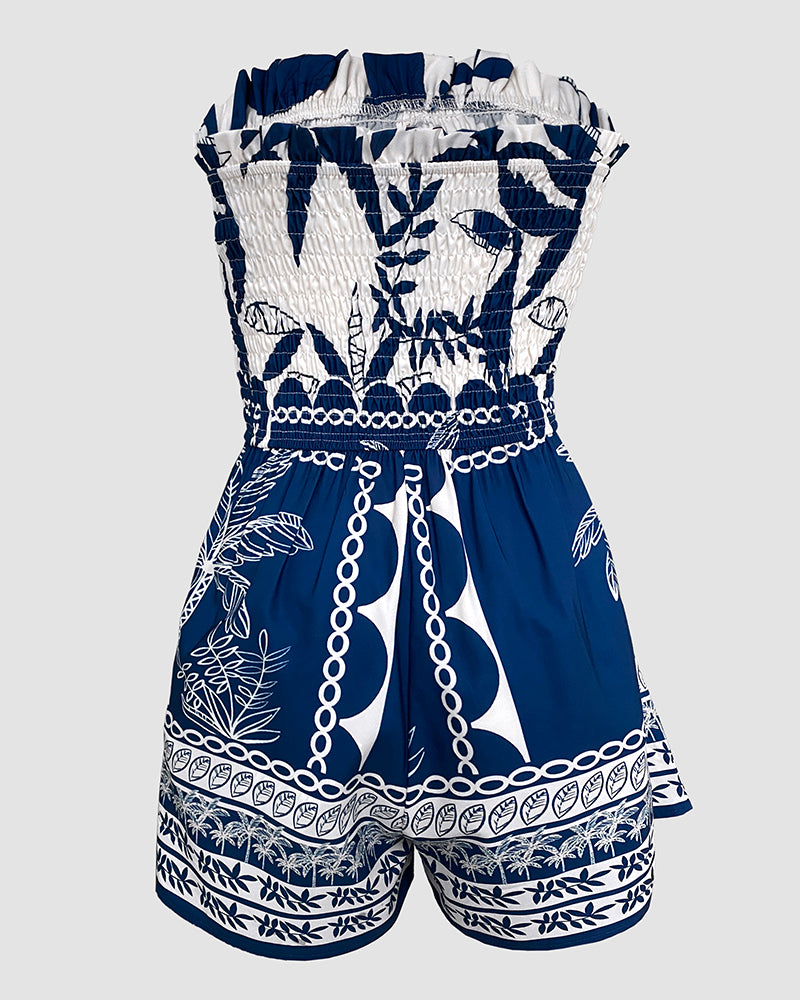 Floral Print Bandeau Shirred Romper Casual Button Decor Short Jumpsuit