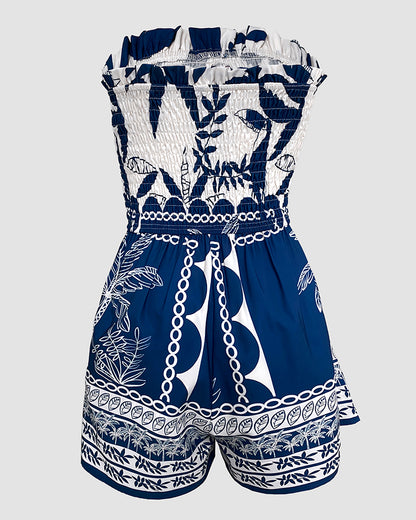 Floral Print Bandeau Shirred Romper Casual Button Decor Short Jumpsuit