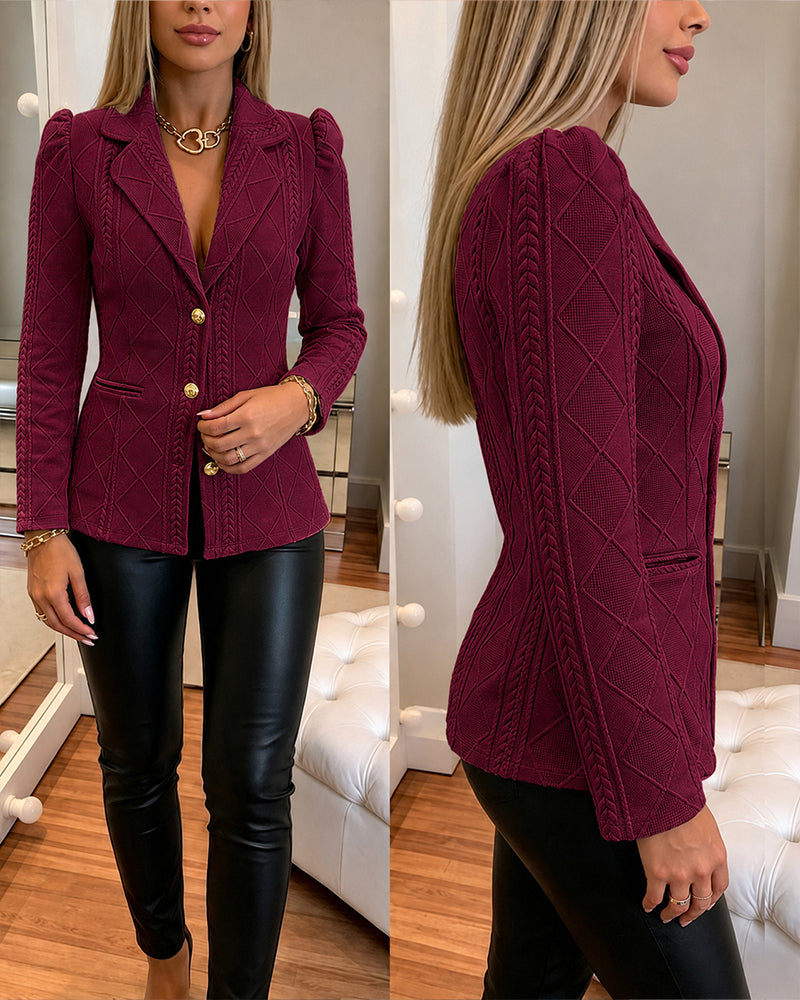 Blazer elegante de mujer con textura de cuadros de rombos, corte entallado, mangas abullonadas y botones dorados, chaqueta de traje para oficina con bolsillos