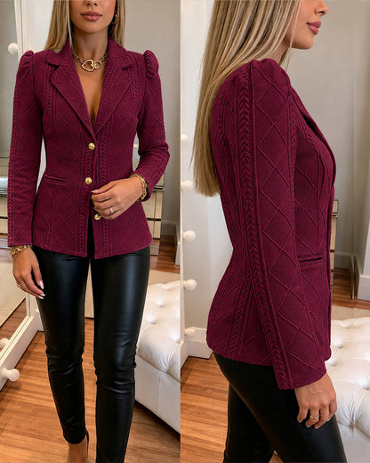 Blazer elegante de mujer con textura de cuadros de rombos, corte entallado, mangas abullonadas y botones dorados, chaqueta de traje para oficina con bolsillos