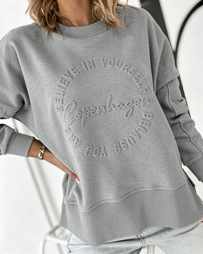 Women's Loose Crewneck Sweatshirt Embossed Letter Print Pullover Top Casual Side Slit Top