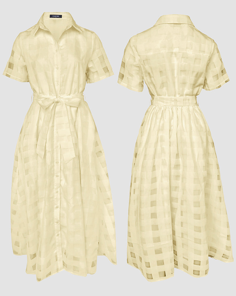 Turn Down Collar Plaid Mesh Double Layered Cinched Waist Maxi Dress Button Down Bow Tie Waist Commuting Dress