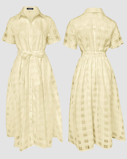 Turn Down Collar Plaid Mesh Double Layered Cinched Waist Maxi Dress Button Down Bow Tie Waist Commuting Dress