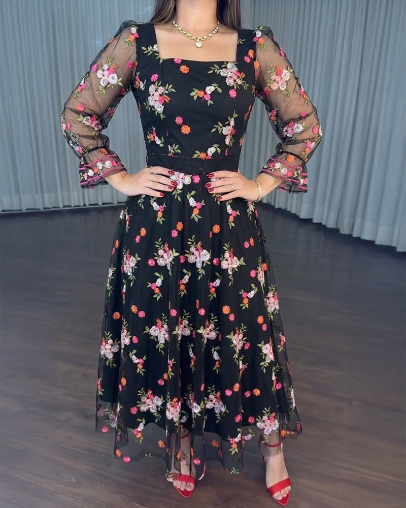 Vintage Square Neck Flared Cuffs Embroidered Floral Pattern Sheer Mesh Overlay Maxi Dress Elegant Shirred Back Cinched Waist Backless Evening Dress with Belt