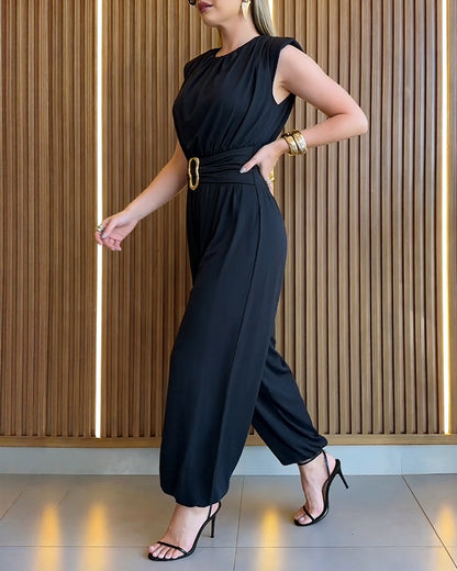 Women's Elegant Sleeveless Jumpsuit Ruched Crew Neck Overalls High Waisted Jogger Jumpsuit with Gold Buckle Belt