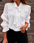 Women's Guipure Lace Spliced Tie Neck Long Sleeve Chiffon Blouse