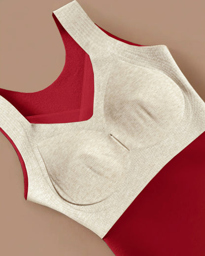 Sheer Mesh Spliced V Neck Sleeveless Built In Bra Tank Casual Warm Fleece Lined Slim Fit Top