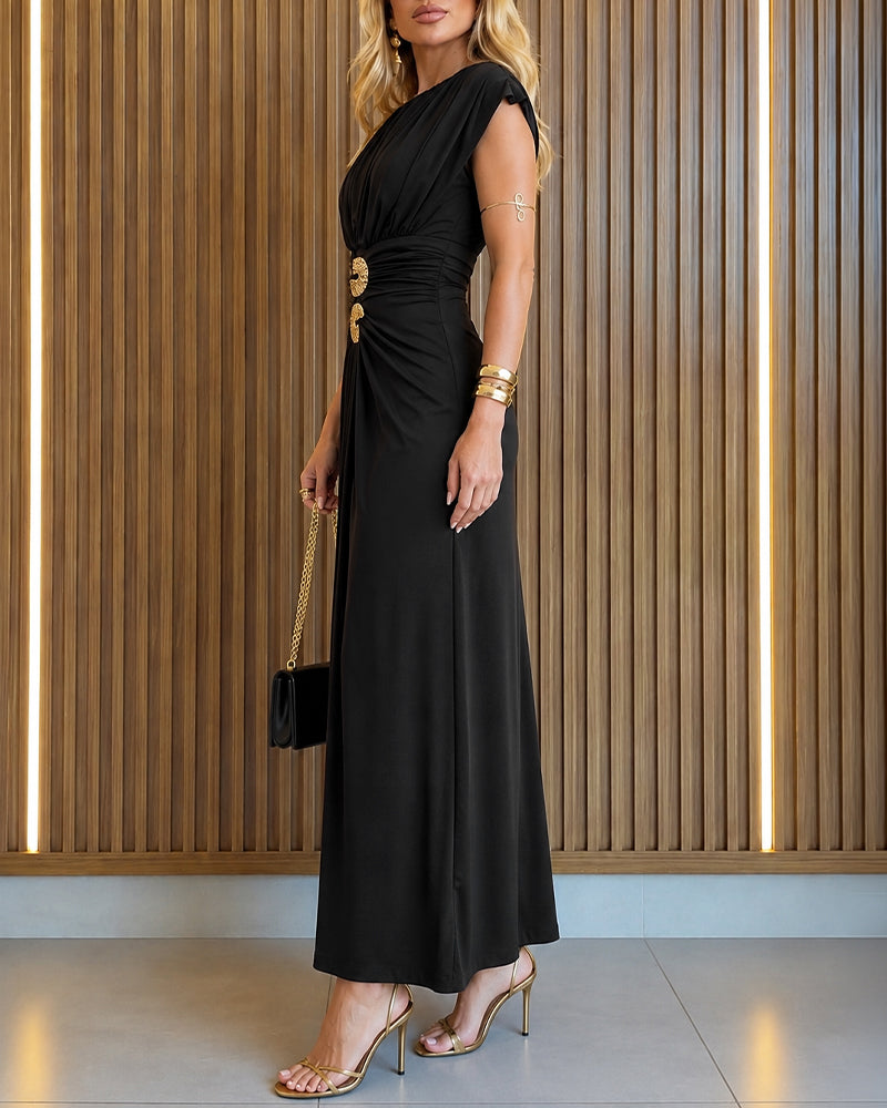 Women's Boat Neck Ruched Maxi Dress Gold Buckle Cap Sleeve Formal Evening Gown